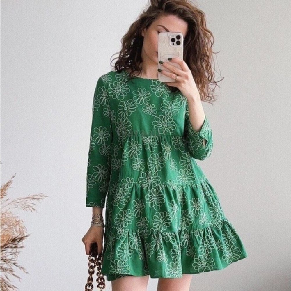 Zara Women’s Dress "The Diana" Green Linen Blend Ruffle Embroidered Sz. M